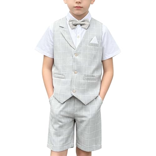 LOLANTA 4 pzs Trajes para Niños de Boda Verano, Conjunto Niño Vestir de Ceremonia Bautizo, Chaleco Pantalón Camisa con Pajarita, 4 5 años, Gris, Talla 110
