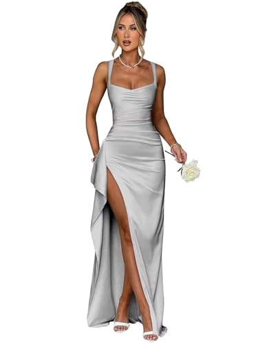 LTW Silver Prom Dresses for Women Satin Formal Ball Gown 2026 Sexy Dress Spaghetti Straps Bridesmaid...