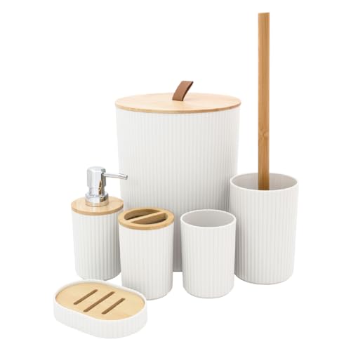 Juego de accesorios de baño Anika/Juego de elementos esenciales modernos para el baño/Incluye soporte para cepillo de dientes, cubo de basura, escobilla de inodoro, taza, jabonera y dispensador de