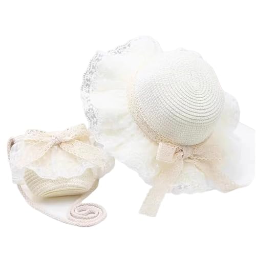 Kids Girls Straw Hat with Lace Large Wide Brim Sun Beach Princess Summer Cap and Portable Handbag