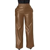  RICOCHO Pantalon en Simili Cuir à Jambe Droite pour Femme, Pantalon Large en Cuir PU pour Femme, Pantalon en Jean Taille Haute Aspect Cuir