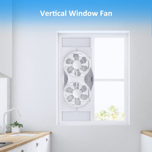 shinic Window Fan with Reversible Airflow Quiet, Twin 9" Blades, Full Remote Control, 3 Functions-3 Speeds, Bathroom Kitchen Window Exhaust Fan, Width Adjustable (From 24" to 37") ETL Certified