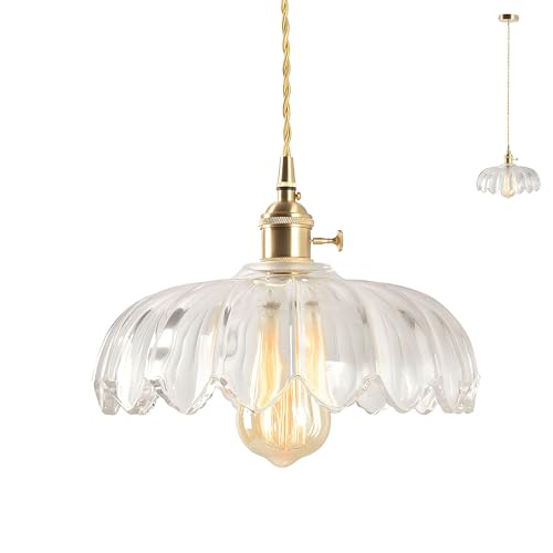 HJXDtech Vintage Crystal Glass Pendant Light, Flower Light Shade, Brass E27 Socket, Height Adjustable Ceiling Hanging Light Fixture for Kitchen Island and Dining Room (Clear)