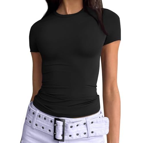 Trendy Queen Womens Basic T Shirts Summer Outfits 2025 Scoop Neck Short Sleeve Crop Tops Slim Fit Tees Y2k Clothing