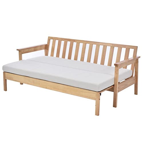 OSJ ソファベッド 木製 ソファー 伸縮式 肘付きソファー 天然木 無垢材 ベッド 伸長式ソファ シングルベッド ナチュラル