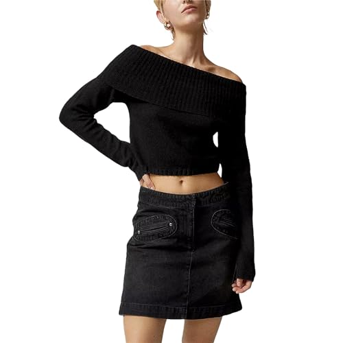 Image of Women Off The Shoulder Sweater Y2k Long Sleeve Boat Neck Knit Cropped Pullover Tops Fall Trendy Going Out Streetwear
