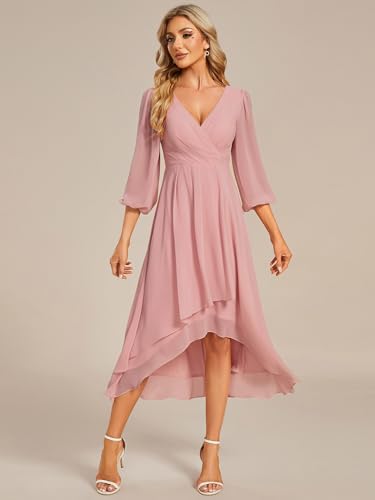 Image of Ever-Pretty Women's Chiffon V Neck Long Sleeves A-Line Midi Length Wedding Guest Dress Cocktail Party Formal Dresses 01926
