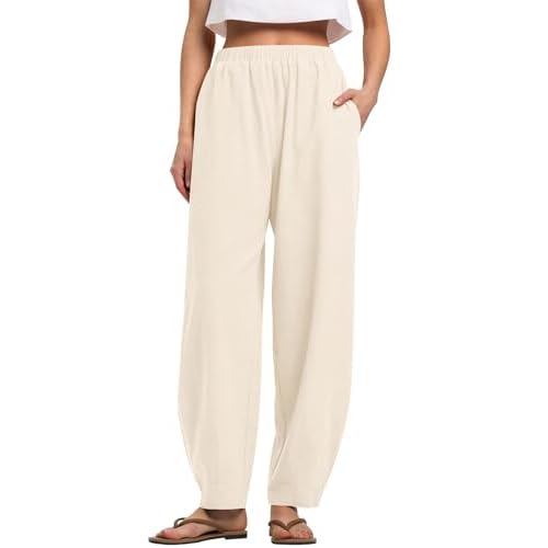 LOMON Linen Barrel Pants Women Wide Leg Palazzo Summer Baggy Harem Pants Boho Casual Trousers with Pockets Beach Vacation Apricot X-Large