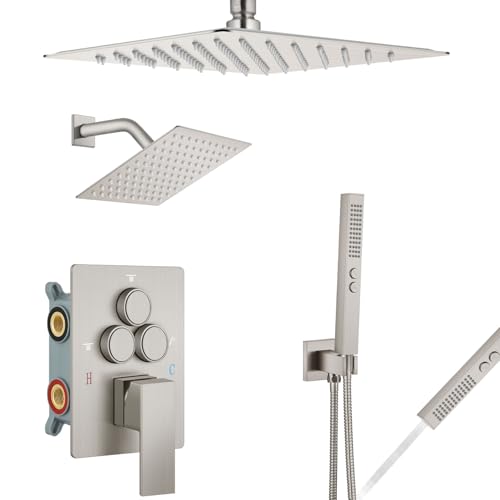 Aolemi Shower Faucet Set Ceiling Mount Shower System Rough-in Valve and Shower Trim Kit 10 and 6 Inch Dual Shower Head 2 in 1 Handheld Spray Push Button Diverter Brushed Nickel