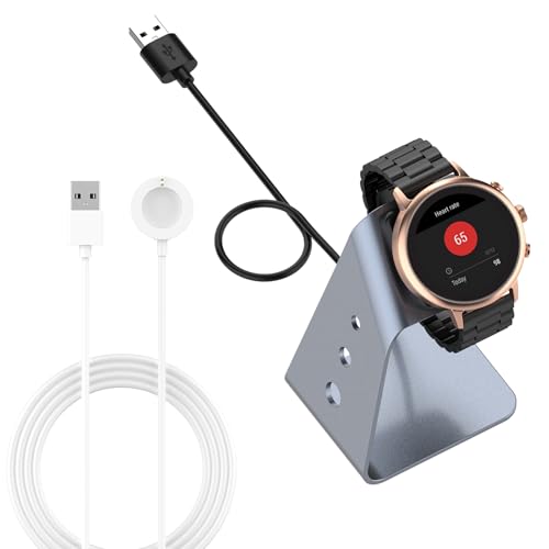 YIYIKU Paquete de 2 cargadores compatibles con Fossil Gen 6/5/4, Emporio Armani, Skagen, Misfit y más | Base de carga de aluminio de 1.5 m y cables blancos de 1 m | Compatible con relojes inteligentes