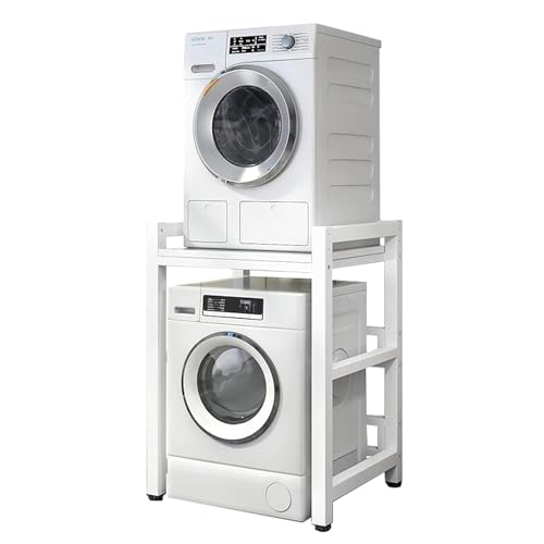 Estanteria Lavadora Almacenaje Estanteria Lavadora y Secadora con Altura Ajustable Estanteria Lavadora Carga Superior Unidad de Almacenamiento para Lavadora (Blanco, Marco Blanco)