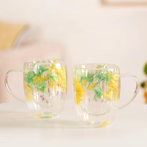 Image of Nestasia Double Wall Glass Mug with Dried Flowers Set of 2 (350ml Each) - Transparent Borosilicate Floral Glass Tea Cups | Lightweight & Durable Coffee Mugs - Perfect for Gifting (Yellow & Green)