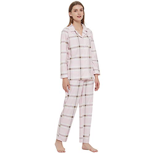 HEARTNICE Women Soft Pajama Set, Long Warm Flannel Pajamas Lightweight Cute Printed Pjs Set with Pockets(Light Pink Plaid, L)