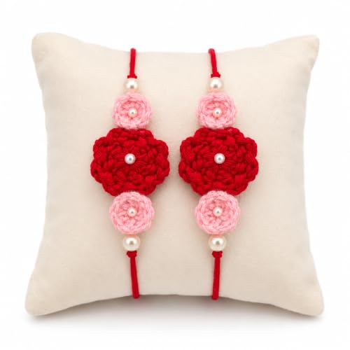 Image of Handmade Crochet Flower Rakhi Set of 2 | Cotton Thread Floral Desigen with Pearl | Eco-Friendly Designer Raksha Bandhan Rakhi for Brother
