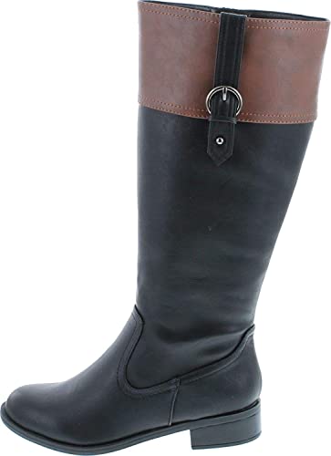 Soda VISA ~ Women Round Toe Two Tone Mid Shaft Low Block Heel Harness Riding Boots2