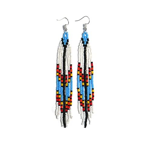 Buybeaded Handmade beaded native american style glass seed bead earrings Pendientes de cuentas nativas al estilo mexicano de artesanos gifts for women (Skyblue & Cream)
