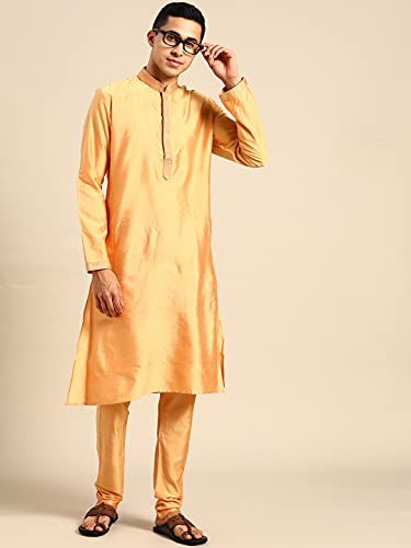 Image of Rajubhai Hargovindas Men's Banarasi Cotton Silk Thread Work Kurta Set With Churidar