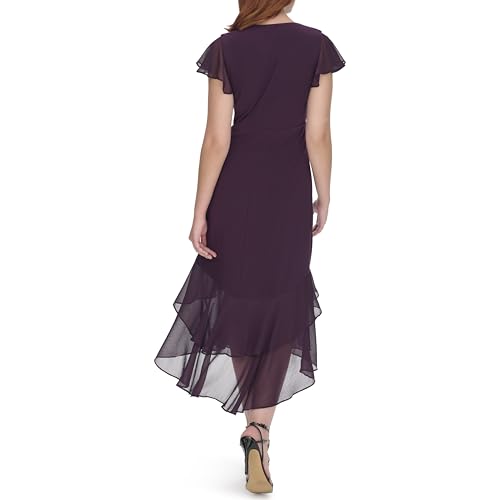 Image of Tommy Hilfiger Women's Flutter Sleeve V-Neck Ruffle Trim Hi-Lo Midi Dress