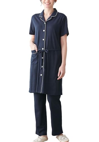 [犬印本舗] fairy フェアリー マタニティ 前開き パジャマ オープンカラー 半袖 ルームウェア 産前 産後 妊婦服 出産後も長く使える 入院 産院着M-L ネイビー 10352202のサムネイル