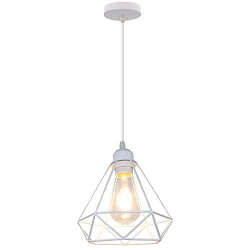 PETITES ECREVISSES Lampara Colgante Vintage Industrial Lámpara de Techo Colgante E27 Retro Luces Iluminación Forma de Diamante Ø205mm Blanco Para Cocina Comedor Sala de estar (Blanco-A)