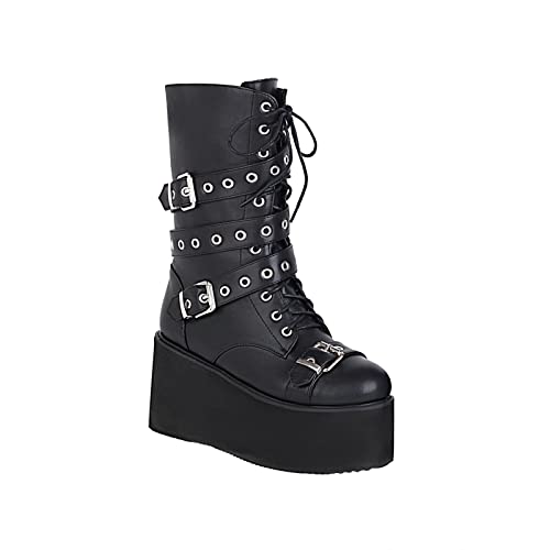 Bottes Gothiques à Plateforme pour Femmes au Genou Large Mollet Chaussures Goth Punk pour Femmes Bottes en Faux Cuir Talon Compensé Chaussures Lolita Bottes de Mollet Bottes à Boucle de Combat de Moto