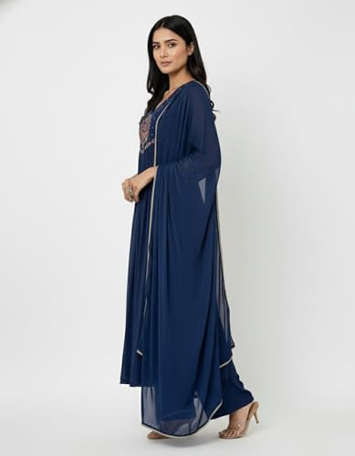 Image of Amazon Brand - Tavasya Women's Silk Chiffon Embroidered A-Line Kurta Set with Rayon Pant and Silk Chiffon Laced Dupatta | Kurti Set for Women