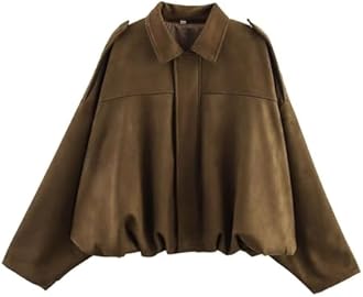 Xunger Women's Faux Suede Bomber Jacket Spring Lapel Pilot Coat Casual Oversized Long Sleeves Trendy Streetwear Outerwear