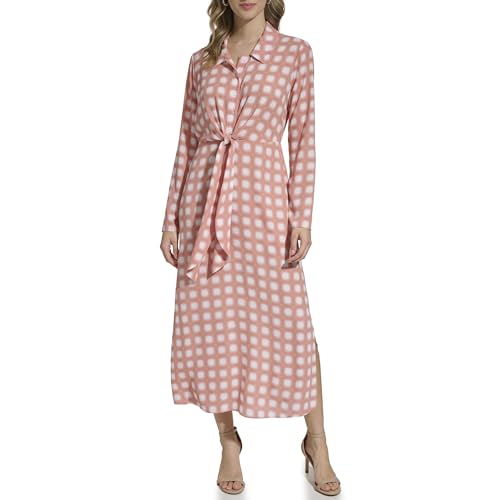 Calvin Klein Vestido de Manga Larga Estampado para Mujer, Rosa Desierto Multicolor, Large