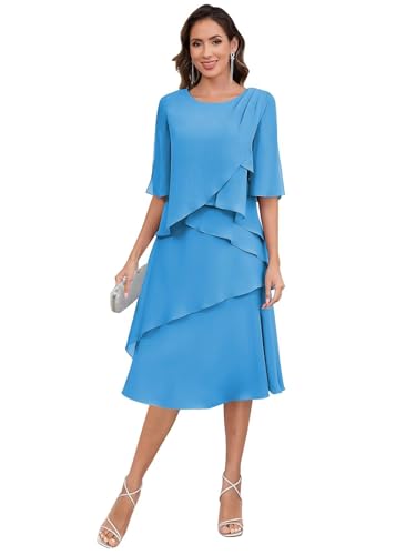 BONOYUER Tiered Mother of The Bride Dresses for Women Ruffle Chiffon Short Sleeves Wedding Guest Dress