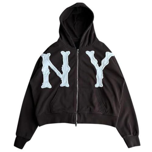 Mymyguoe Chaqueta de entretiempo para hombre Y2K New York Sudadera con capucha Streetwear Sudadera con cremallera Ny Bordada Sudadera Hip-Hop Harajuku Sudadera con Capucha Ropa, marrón, M