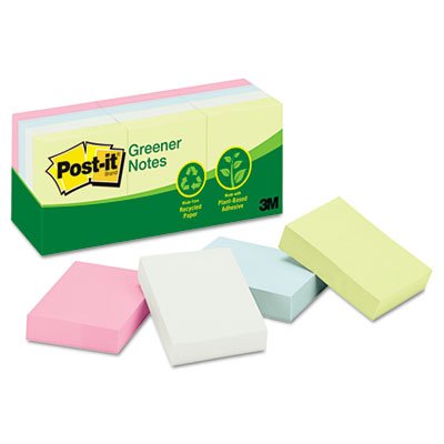 Post-it Greener Notes Products - Post-it Greener Notes - Recycled Notes, 1-1/2 x 2, Four Pastel Colors, 12 100-Sheet Pads/Pack - Sold As 1 Pack - Self-stick removable pads are great for quickly jotting down important messages.
