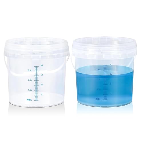 Lot de 2 seaux transparents de 5 litres avec couvercle, seau de qualité alimentaire, seau de nettoyage, seau en plastique, poignées extra robustes avec poignée pour un transport facile