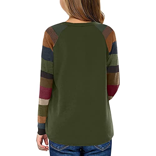 Girls Casual T-Shirt Long Sleeve Tee Tops Color Block Striped Crewneck Loose Tunic Blouse Kids Pullover(Green,12-13 Years), Greenb3