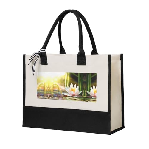 Lotus Blossom - Elegante bolso de mano con costuras de lona para mujer