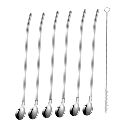 COLLBATH 6pcs Stainless Steel Straw Spoon Multi-function Mixing Spoon Dessert Spoons Multi-function Spoon Straw Ice Tea Spoons Straws Reusable Spoon Straws Mixer Spoon Coffee Spoon Portable