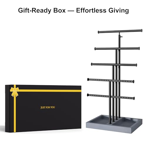 Love-KANKEI Jewelry Organizer Stand, 5 Tier Large Necklace Holder with Wood Base, Jewelry holder stand Tree for Display, Bracelets Earrings Rings, Height Adjustable Gift Weathered Grey
