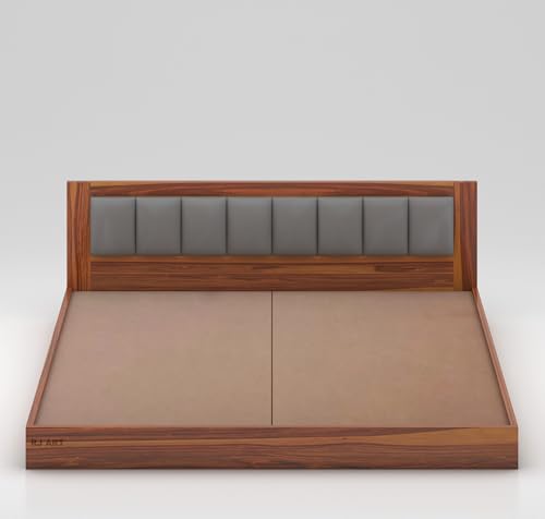 Image of Solid Sheesham Wood Queen Size Bed Without Storage for Bedroom Living Room Home Hotel Wooden Double Bed Cot Palang with Cushion Headboard Home Furniture (Honey Finish)