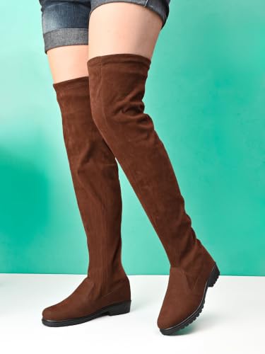 Image of XE Looks Women's Over-the-Knee Long Boots | Stylish Suede Finish with Tie-Up Detail | Comfortable Block Sole Winter Footwear for Girls and Women