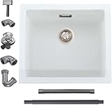 iAnomla Fregadero de cocina blanco de cuarzo, 50 x 45 cm, kit de residuos de fregadero de cocina de montaje inferior compuesto, cuenco individual comercial con desbordamiento, adecuado para estación