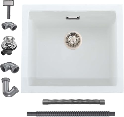 iAnomla Évier Cuisine en Quartz Blanc, 50 X 45 cm, Évier Simple en Composite Encastré/Sous Plan, Évier Commercial Avec Trop-Plein, Kit de Déchets, Adapté...