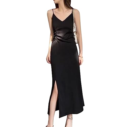 BKEPDY Vestido Sexy Verano Cuello En V Vestidos Largo Fiesta Vestido sin Manga Espagueti de Color Sólido para Mujer Dress Bodycon Slim Fit Casual Noche Raja Lateral Club Vestido (Negro XXL)