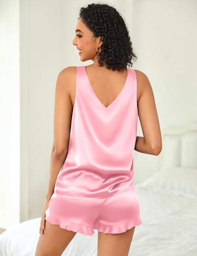 Image of Ekouaer Womens Silk Pajamas Set 2 Piece Satin Camisole Pjs V Neck Tank Top and Shorts with Ruffle Sleepwear