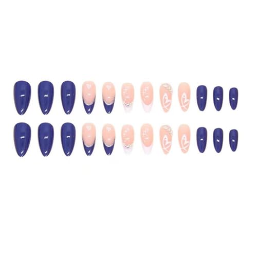 Image of Stiletto Press on Nails Medium Blue Fake Nails Heart False Nail with Design Rhinestone Glue on Nails Artificial French Acrylic Nail Glossy Full Cover Stick on Nail for Women Girls Manicure 24pcs