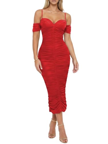 CurvySweet Liora Women's Mesh Off Shoulder Ruched Slit Formal Midi Dress