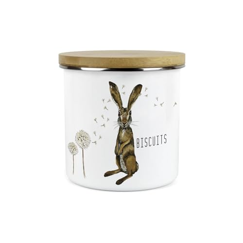 Hares and Dandelions Small Biscuits Storage Canister by Rhiannon Chauncey - Countryside Kitchen Decor - 1.2L White Metal Enamel Food Storage Container