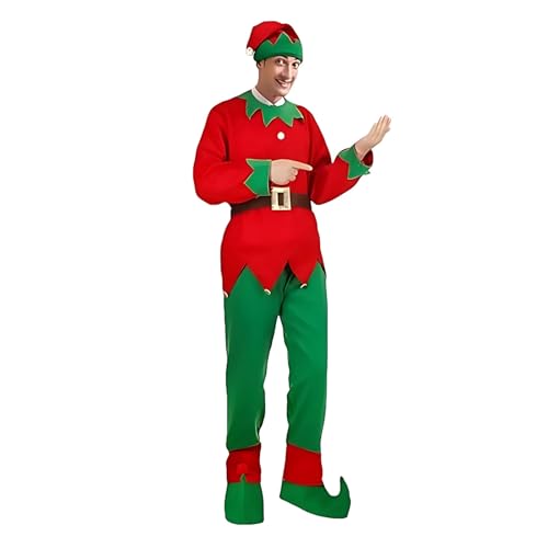 Déguisement d'elfe de Noël adulte rouge vert avec chapeau et ceinture pour fête festive
