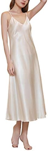 MINEEE Womens Satin Nightgown Long Slip Sleep Dress Silk V Neck Nightgowns For Women Champagne