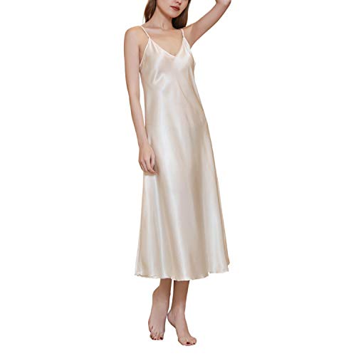 Mineee Womens Satin Nightgown Long Slip Sleep Dress Silk V Neck Nightgowns For Women Champagne #TOP2