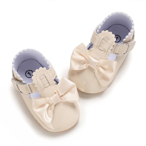 Image of Neband Baby Girl Mary Jane Dress Shoes - Infant Newborn Flats Anti-Slip Soft PU Leather Party School Wedding Princess Baby Girl Shoes(#6 Apricot, 12-18 Months)