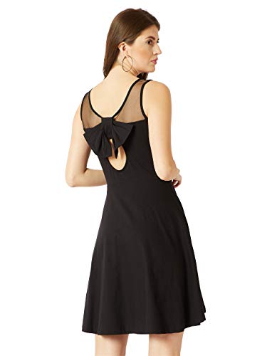 Image of Miss Chase Women's Black Round Neck Sleeveless Cotton Solid Sheer and Pearl Detailing Mini Skater Dress